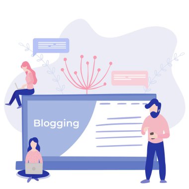 Video blogcusu, bağımsız minyatür insanlar web sitesinde yeni bir içerik yazıyor. Beyaz arkaplanda dijital teknolojiyi gözden geçir düz çizgi film minyatür çizim vektörü grafiği yap.