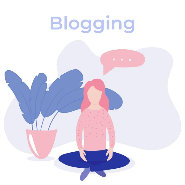 Blogger meisje, freelancer vrouw. Video channel website, nieuwe content technologie. Bloggen miniatuur vector illustratie. — Stockvector