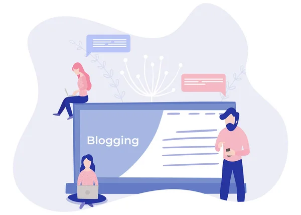 Blogger girl, freelancer woman. Site de canal de vídeo, nova tecnologia de conteúdo. Blogging miniatura ilustração vetorial . — Vetor de Stock