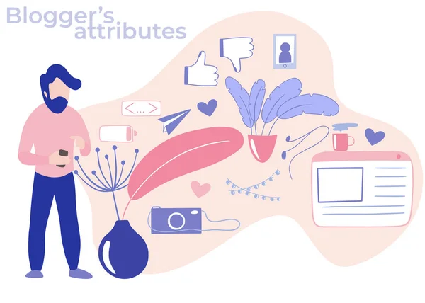 Video blogger, freelancer miniatuur mensen bloggen een nieuwe inhoud op de website. Maak een review digitale technologie platte cartoon miniatuur illustratie vector grafiek op witte achtergrond. — Stockvector