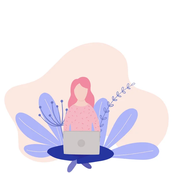 Blogger meisje, freelancer vrouw. Video channel website, nieuwe content technologie. Bloggen miniatuur vector illustratie. — Stockvector