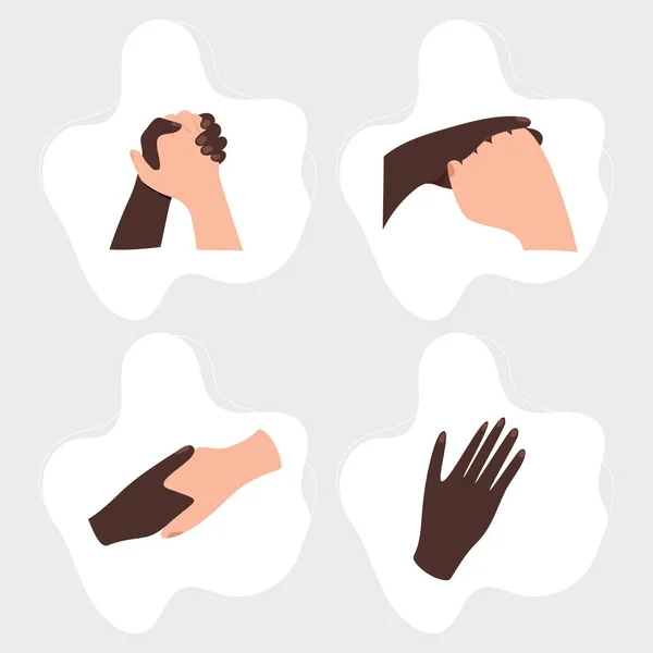 Gekleurde Afro-Amerikaanse handdruk handgebaar set met gemanicuurde nagels, verschillende mannelijke pose. Vingerhouden. — Stockvector