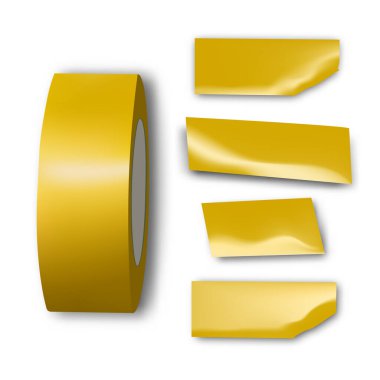 Yapışkan viski koli kağıdı. Beyaz arka planda izole edilmiş sarı yapışkan parçalı grunge bandı. Soyun vektör dokusu.