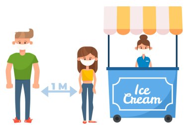 İnsanların kuyruğundaki uzaklık vektörü. Bekleyen karakterler, koronavirüs hastalığına yakalanmayın. Salgın koruma ekipmanları, yüz maskeli grup karakterleri. Çizgi film Humar 1 metre mesafeyi koru.