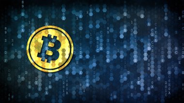 Bitcoin - piktogram karanlık dijital arka plan üzerinde.