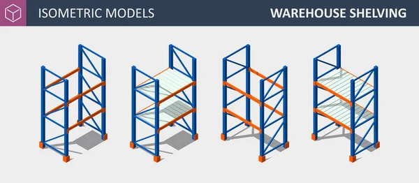 Vector Isometric Warehouse Shelving Conjunto Rachas Armazenamento — Vetor de Stock