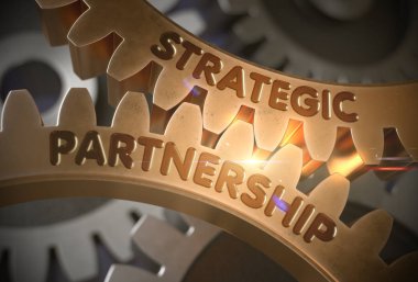 Strategic Partnership on Golden Cog Gears. 3D Illustration. clipart