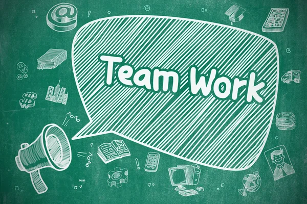 Teamwerk - Cartoon afbeelding op blauwe schoolbord. — Stockfoto