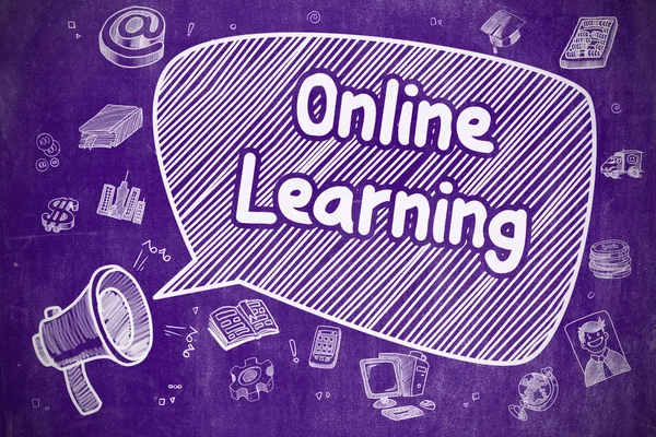 Aprendizaje en línea - Ilustración de dibujos animados en pizarra púrpura . — Foto de Stock
