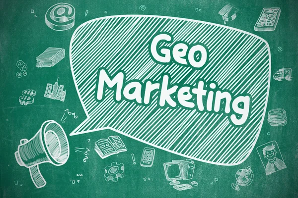 Geo Marketing - ilustracja kreskówka na niebieska tablica. — Zdjęcie stockowe