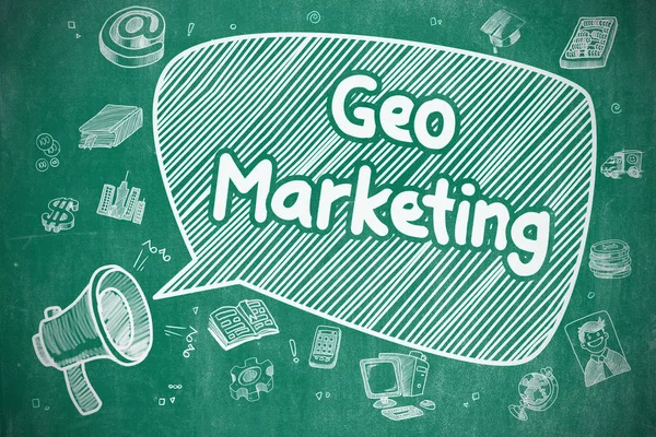 Geo Marketing - Illustrazione dei cartoni animati sulla lavagna blu . — Foto Stock