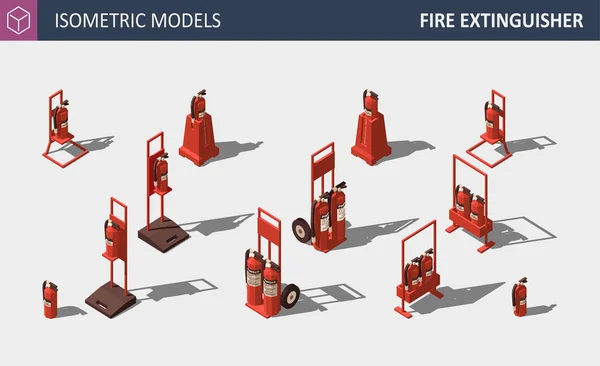 Isometrischer Feuerlöscher - eine Reihe von Sicherheitseinrichtungen. Vektorillustration. — Stockvektor