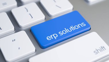 ERP çözümleri - mavi klavye tuşu üzerinde yazıt. 3D.