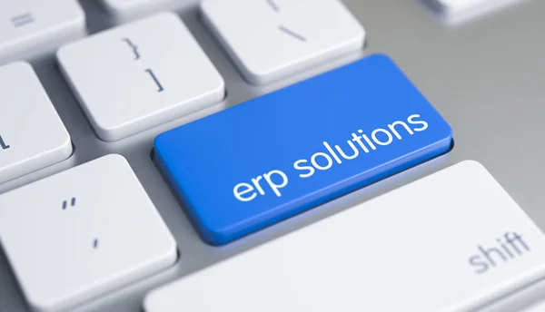 ERP Solutions - Inscripción en la llave azul del teclado. 3D . —  Fotos de Stock