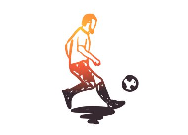 Bir topu çekim el çekilmiş futbolcu. Vektör görüntü kavramı kroki.