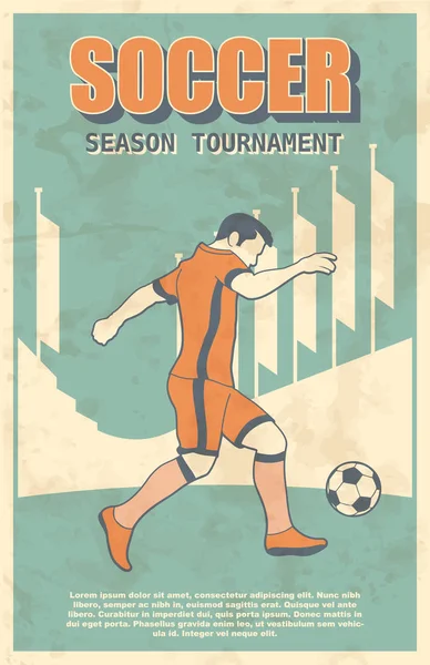 足球运动员射击球。复古海报, 矢量插图. — 图库矢量图片