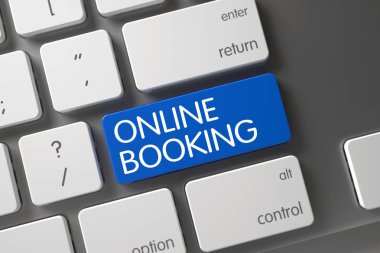 Online rezervasyon - mavi anahtar üstünde klavye. 3D render.