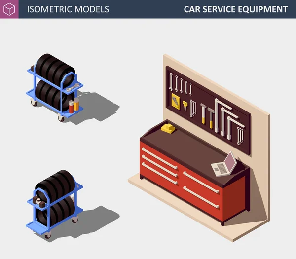 Set di attrezzature per il servizio auto. Illustrazione isometrica vettoriale . — Vettoriale Stock