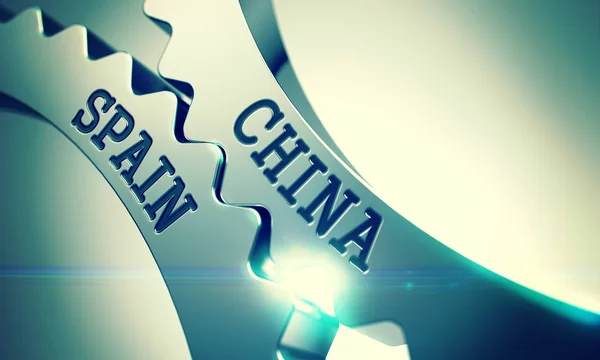 China Spain - Mechanism of Shiny Metal Cog Gears. 3D. — Stock Photo, Image