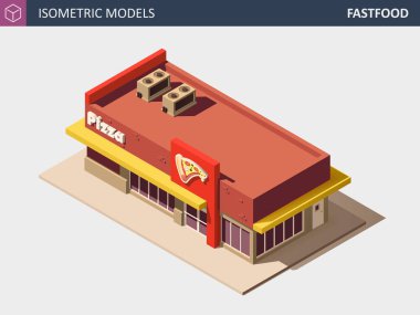 İzometrik Fast Food ya da Pizzerie Bina Satılık tabela ile vektör.