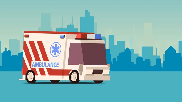 Coche de ambulancia en el fondo del paisaje urbano. IsoFlat estilo Vector Ilustración . — Vector de stock