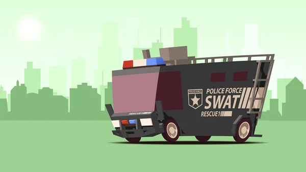 Βαν της αστυνομίας. Ειδικές δυνάμεις τεθωρακισμένων οχημάτων Swat σε φόντο πόλης τοπίο. — Διανυσματικό Αρχείο