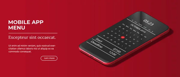Modern röd smart telefon ligger på en slät mörkbrun yta. — Stock vektor