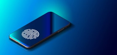 Telefon ekranında parmak izi tarayıcısı var. Biyometrik Tanımlama ve Onaylama Konsepti.