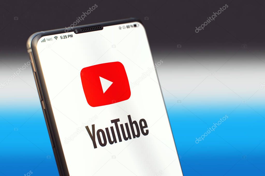 KYIV, UKRAINE-JUNE, 2020: Youtube Mobile Application on the Cellphone Screen. Close Up Studio Shot of Smartphone with Youtube Application.