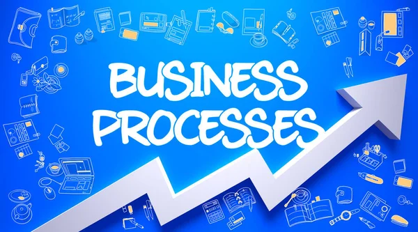 Business Processes Drawn on Blue Surface.