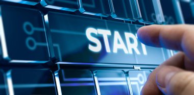 Başla - Futuristik Arayüz 'de Adam Düğmesine Basıyor. Üç Boyut.