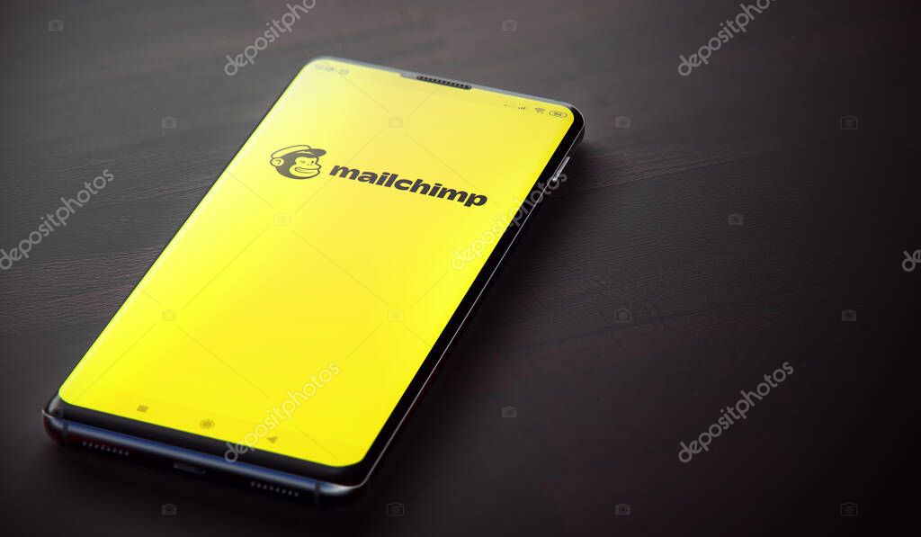 KYIV, UKRAINE-JUNE, 2020: Mailchimp Mobile Application on the Cellphone Screen. CloseUp Studio Shot of Smartphone with Mailchimp Application.