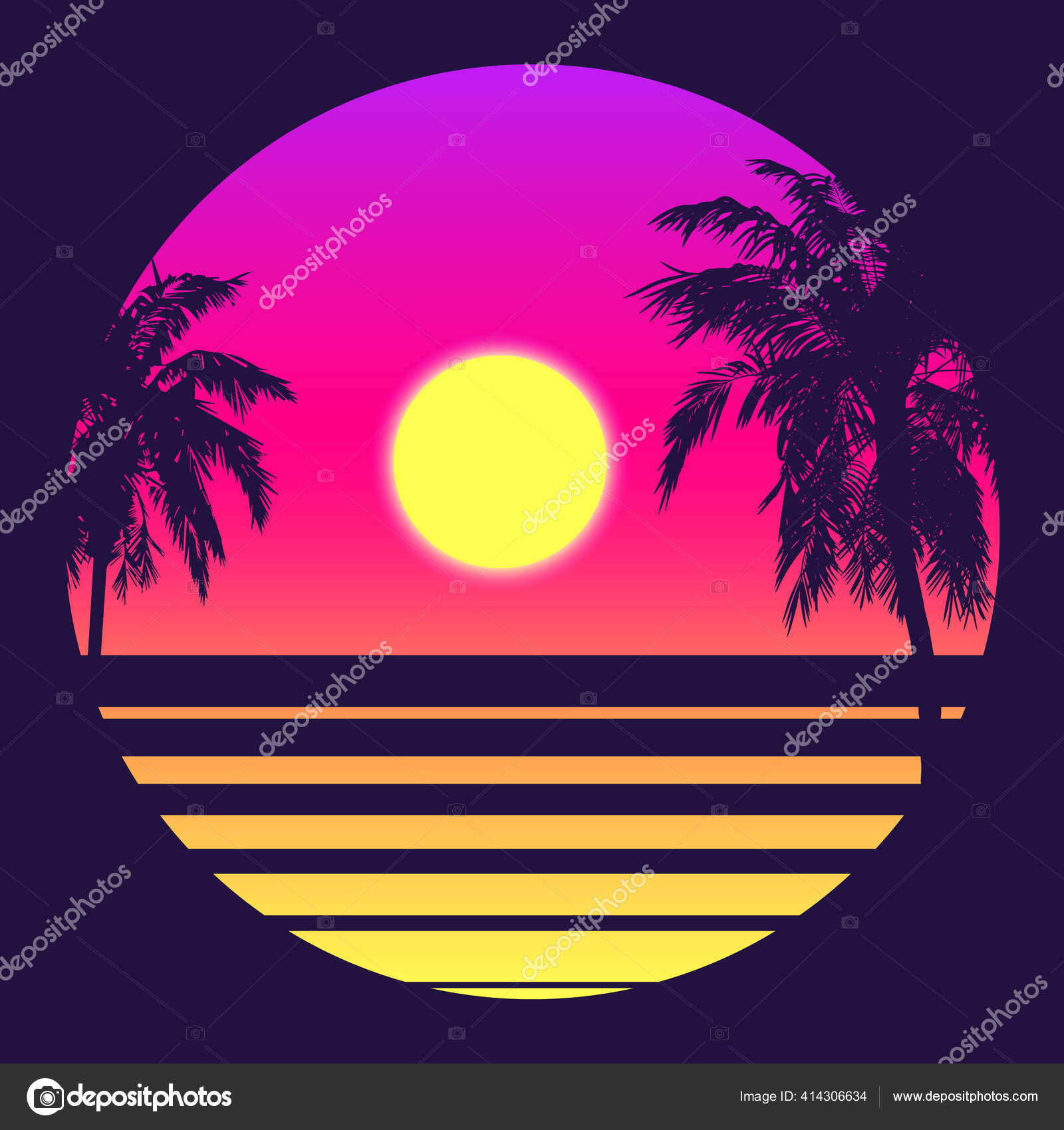 80s Style Tropical Sunset with Palm Tree. Vector by ©tashatuvango #414306634