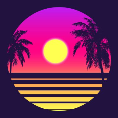 Palm Tree ile Retro 80 Tarzı Tropikal Gün Batımı.