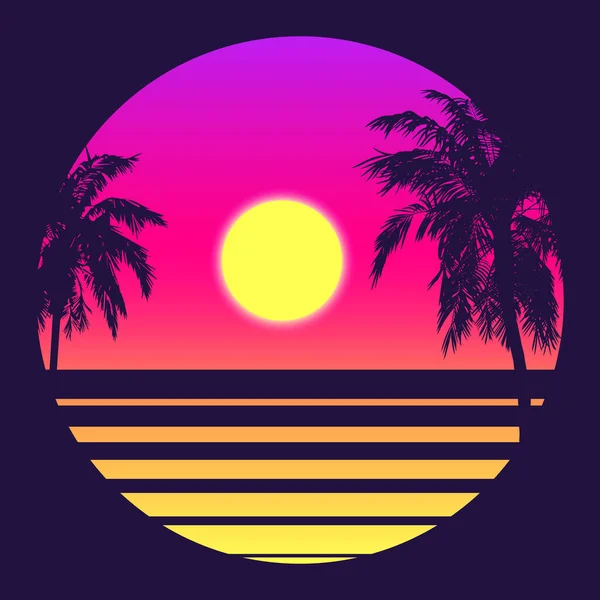 Tropischer Sonnenuntergang im Retro-Stil der 80er Jahre mit Palme. — Stockvektor