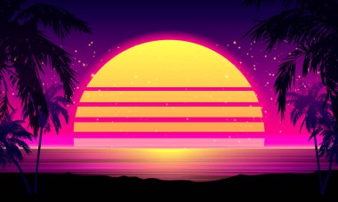 Palm Tree ile Retro 80 Tarzı Tropikal Gün Batımı.