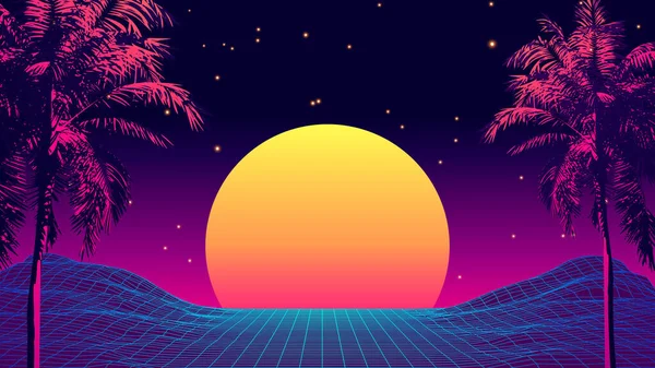 Retro 80s styl tropický západ slunce s palmovým stromem. — Stockový vektor