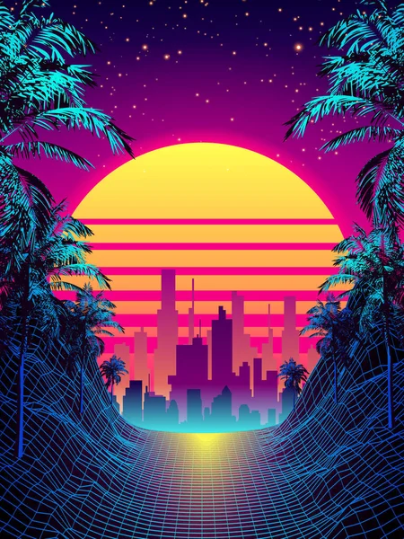 Retro Futuristic Background 1980s Style with Palms — Stock Vector