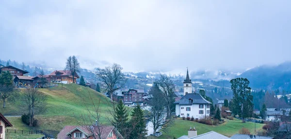 Panoramic View Grindelwald Village Morning Foggy Alpine Mountain Rain Switzerland — Stock Photo, Image