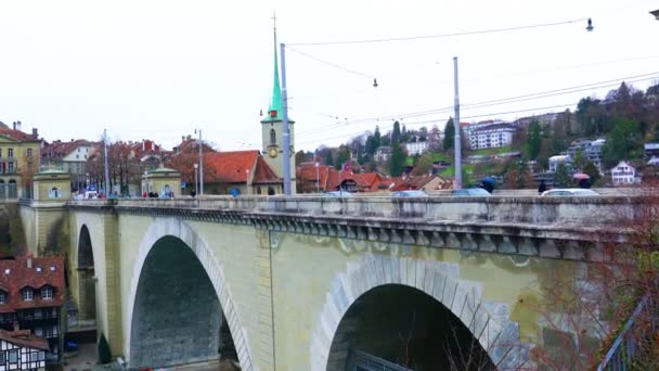 Зору Старого Центру Міста Берн Nydeggbruke Міст Річці Ааре Собор — стокове відео