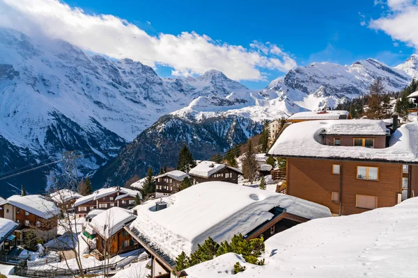 Zobacz Dom Pokryty Śniegiem Miejscowości Mürren Snow Góry Tle — Zdjęcie stockowe