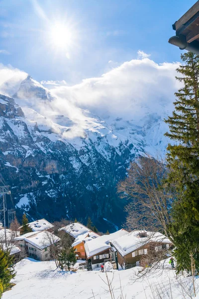 Murren Dağ Köyü Sviçre Bernese Dağlık Evinde Görünümü Güzel Kar — Stok fotoğraf