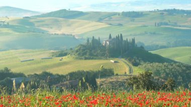 Tuscany, İtalya - 10 Haziran 2018: Güzel yeşil dağlık manzara Kırmızı gelincik çiçekleri alan, selvi ağaçları ve Toskana İtalya binasında yaz görünümünü