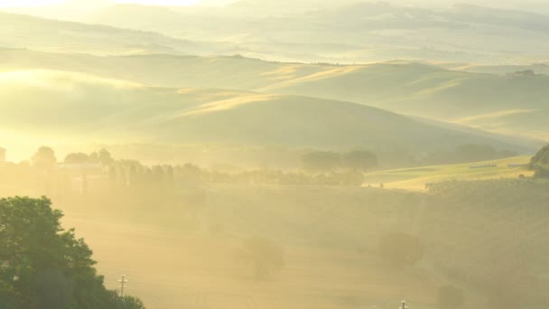 Toskania Włochy Czerwca 2018 Naturalne Złote Światło Mgła Wieczorem Pagórkowaty — Wideo stockowe