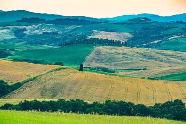 Manzara güzel Tuscany tepelik alanın de yaz akşam Valdorcia, İtalya