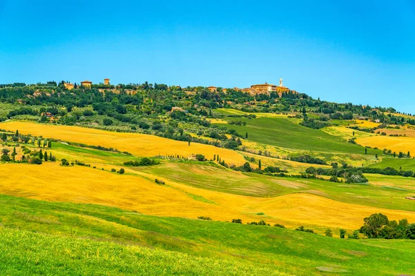 Τοπίο Όμορφο Ορεινό Τοσκάνη Τομέα Στην Ιταλία Αμπέλι Καλλιεργούμενης Γης — Φωτογραφία Αρχείου