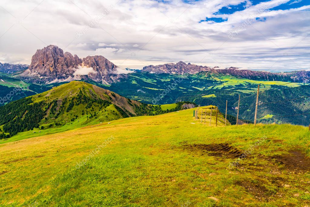 View of the beautiful Dolomites in summer sunny day at the Secada Peak in South Tyrol, Italy