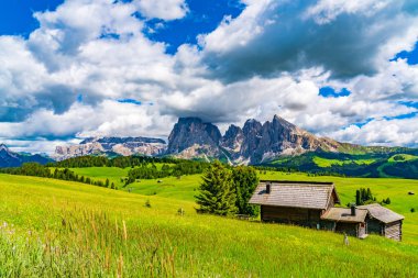 Alp yeşil yayla Seiser Alm Dolomites dağ Langkofel grubunun ve South Tyrol İtalya İtalyan kulübesinde görünümünü