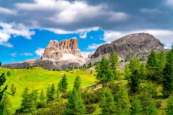 Mount Averau yeşil çimenli alan ve sarı çiçeklere Passo Falzarego Veneto İtalya ile İtalyan Dolomites, yaz aylarında güzel manzara