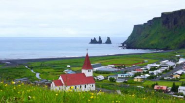 Kilise köy Vik south Iceland'deki / daki Reynisdrangar kaya oluşumları içinde belgili tanımlık geçmiş ile çiçek dolu tepede görünümünü